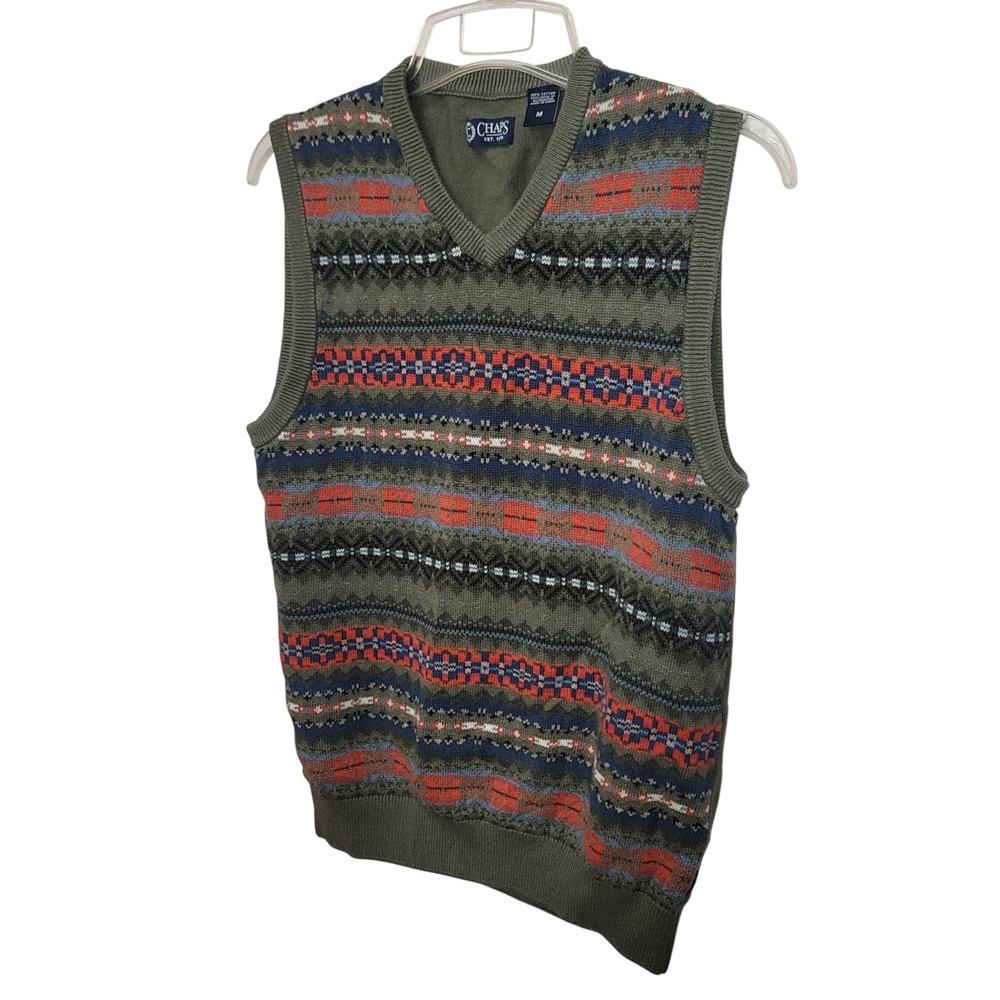 Chaps Men Cotton Fair Isle Sweater Vest Olive Knit M Cottagecore Academia Nordic - Picture 4 of 8